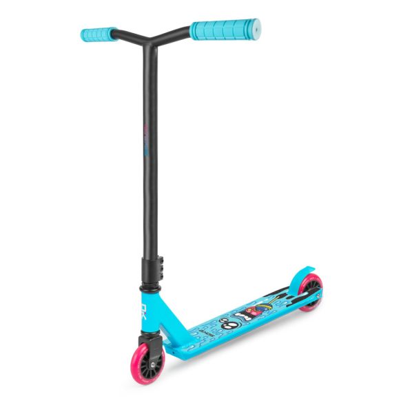 Kaszkadőr roller, SOKE GO!, türkiz, Lollibomb mintás, 83 cm, 10 cm 88A PU kerekek, ABEC-9 csapágy, Y kormány, Flex Fender fék, tripla alumínium bilincs