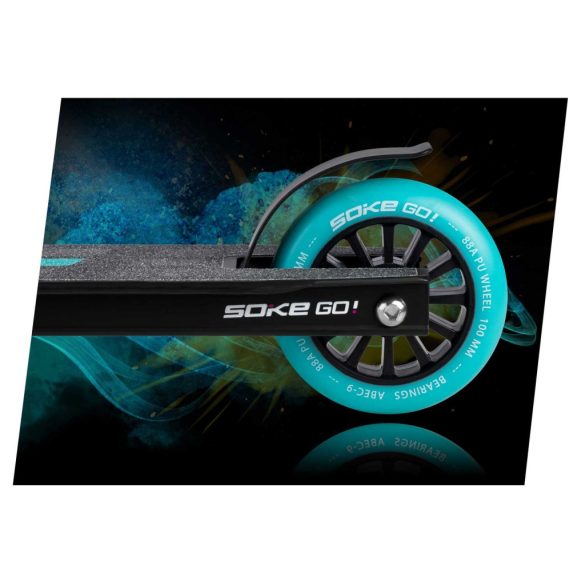 Kaszkadőr roller, SOKE GO!, fekete, 82 cm, 10 cm 88A PU kerekek, ABEC-9 csapágy, Y kormány, Flex Fender fék, tripla alumínium bilincs