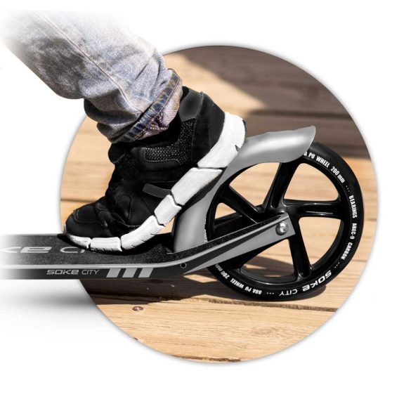 Klasszikus roller, SOKE City, szürke, összecsukható, 20 cm 88A PU kerekek, ABEC-9 csapágy, kézi és lábfék, állítható magasság, maximum 100 kg