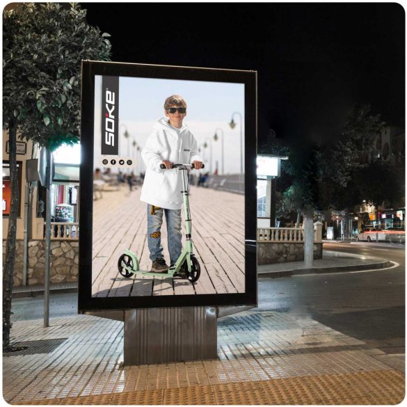 Klasszikus roller, SOKE City, zöld, összecsukható, 20 cm 88A PU kerekek, ABEC-9 csapágy, kézi és lábfék, állítható magasság, maximum 100 kg