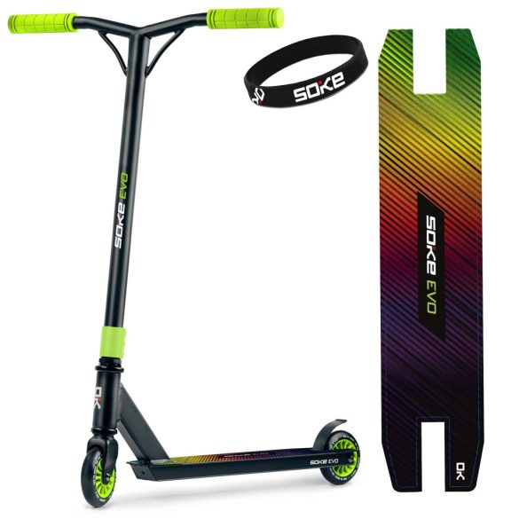 Kaszkadőr roller, SOKE EVO, fekete/zöld, 83 cm, 10 cm 88A PU kerekek, ABEC-9 csapágy, Y kormány, Flex Fender fék, tripla alumínium bilincs, maximum 100 kg