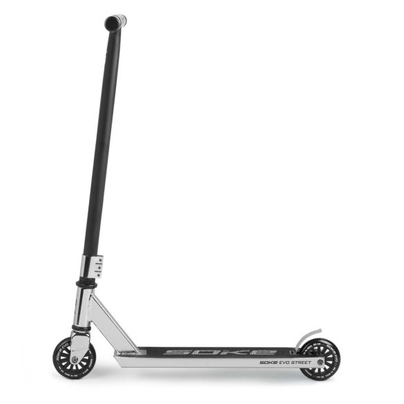 Kaszkadőr roller, SOKE EVO Street, ezüst, 85 cm, 10 cm 88A PU kerekek, ABEC-9 csapágy, 360°-ban forgó T-kormány, Flex Fender fék, max. 100 kg