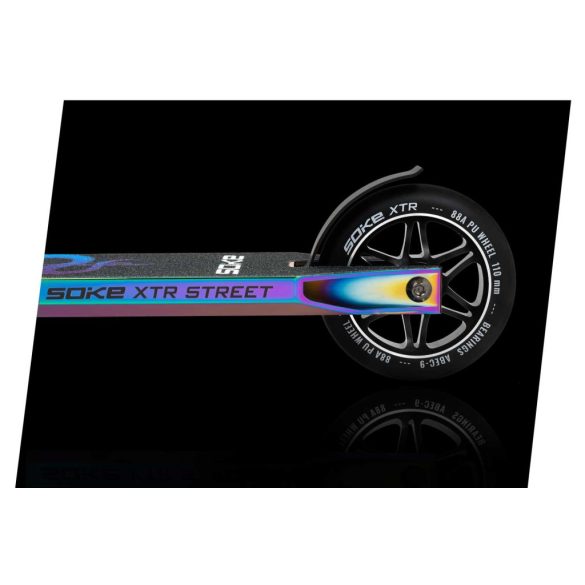 Kaszkadőr roller, SOKE XTR Street Rainbow, fekete, 87 cm, 11 cm PU kerekek, ABEC-9 csapágy, HIC kompresszió, Flex Fender fék, alumínium deck