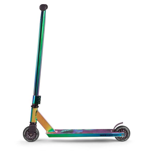 Kaszkadőr roller, SOKE EVO Street, neokróm, 83 cm, 10 cm 88A PU kerekek, ABEC-9 csapágy, 360°-ban forgó T kormány, Flex Fender fék, maximum 100 kg