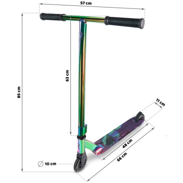Kaszkadőr roller, SOKE EVO Street, neokróm, 83 cm, 10 cm 88A PU kerekek, ABEC-9 csapágy, 360°-ban forgó T kormány, Flex Fender fék, maximum 100 kg