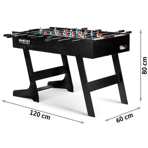 Csocsóasztal, Neo-Sport NS-803, zöld/fekete, 120 x 60 x 80 cm, összecsukható, MDF játéktér, 22 játékos, 2 labda, 8 krómozott rúd, csúszásgátló fogantyúk, kézi számláló
