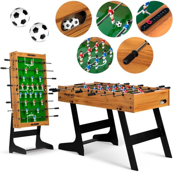 Csocsóasztal, Neo-Sport NS-803, zöld/fa, 120 x 60 x 80 cm, összecsukható, MDF játéktér, 22 játékos, 2 labda, 8 krómozott rúd, csúszásgátló fogantyúk, kézi számláló