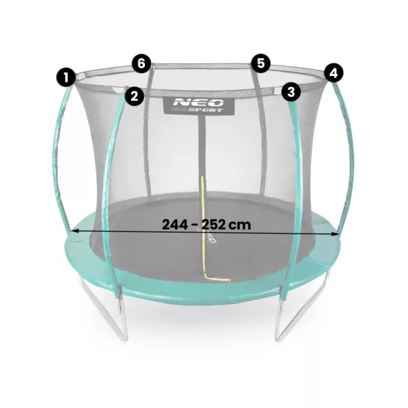 Trambulin belső védőháló, Neo-Sport 1831, átmérő: 252 cm, magasság: 180 cm, 6 oszlophoz, polietilén, cipzáras bejárat