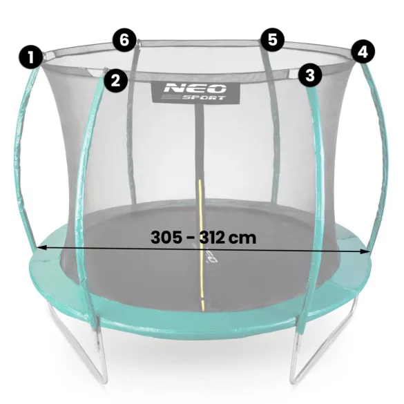Trambulin belső védőháló, Neo-Sport 1832, átmérő: 312 cm, magasság: 180 cm, 6 oszlophoz, polietilén, cipzáras bejárat