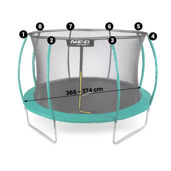 Trambulin belső védőháló, Neo-Sport, átmérő: 374 cm, magasság: 180 cm, 8 oszlophoz, polietilén, cipzáras bejárat