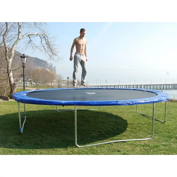 Trambulin rugóvédő perem, Neo-Sport 1876, kék, átmérő: 465 cm, szélesség: 23,5 cm, vastag habszivaccsal, rugalmas rögzítőpántokkal