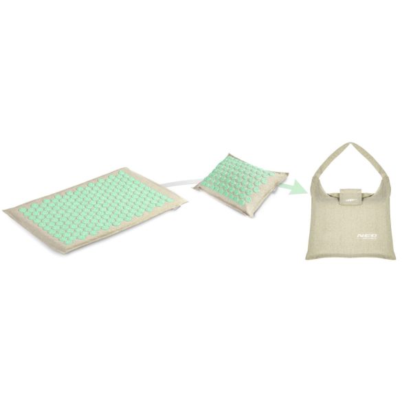Akupresszúrás szőnyeg, Neo-Sport NS-902, szürke/zöld, 70 × 44 x 3,0 cm, cm, párnával, hordtáskával, kókuszrost töltet, 181 + 76 db tüskekorong