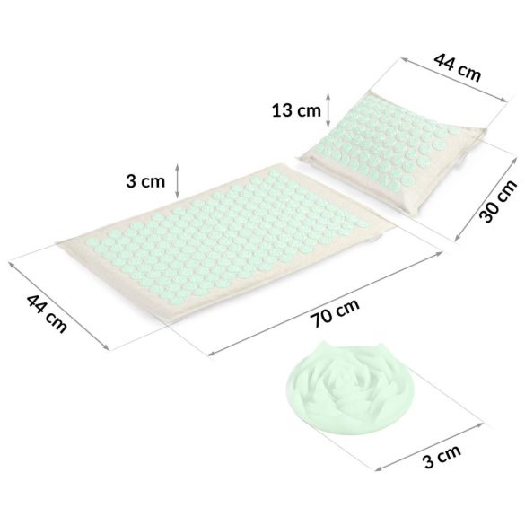 Akupresszúrás szőnyeg, Neo-Sport NS-902, szürke/zöld, 70 × 44 x 3,0 cm, cm, párnával, hordtáskával, kókuszrost töltet, 181 + 76 db tüskekorong