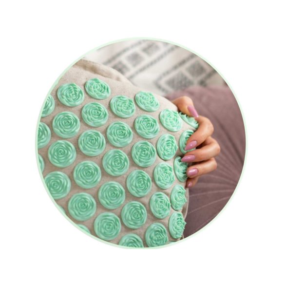 Akupresszúrás szőnyeg, Neo-Sport NS-902, szürke/zöld, 70 × 44 x 3,0 cm, cm, párnával, hordtáskával, kókuszrost töltet, 181 + 76 db tüskekorong