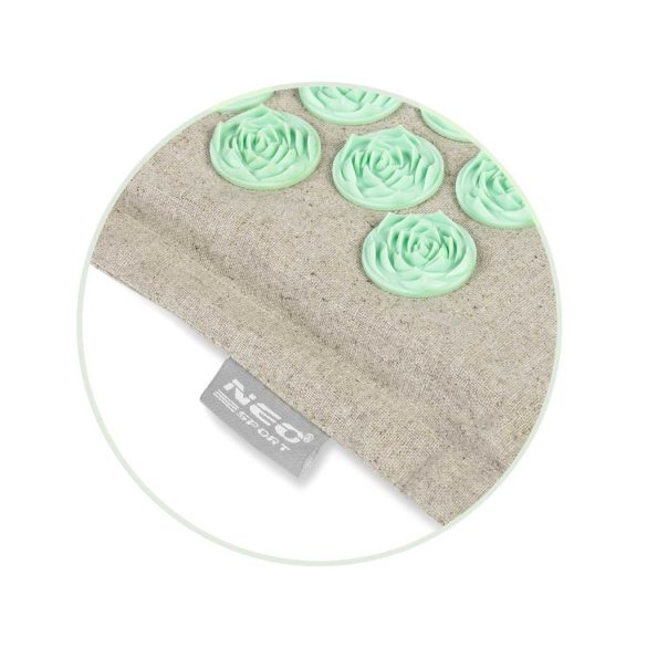 Akupresszúrás szőnyeg, Neo-Sport NS-902, szürke/zöld, 70 × 44 x 3,0 cm, cm, párnával, hordtáskával, kókuszrost töltet, 181 + 76 db tüskekorong