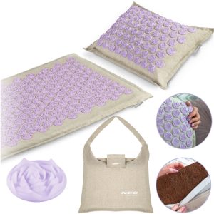 Akupresszúrás szőnyeg, Neo-Sport NS-902, szürke/lila, 70 × 44 x 3,0 cm, cm, párnával, hordtáskával, kókuszrost töltet, 181 + 76 db tüskekorong