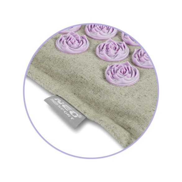 Akupresszúrás szőnyeg, Neo-Sport NS-902, szürke/lila, 70 × 44 x 3,0 cm, cm, párnával, hordtáskával, kókuszrost töltet, 181 + 76 db tüskekorong