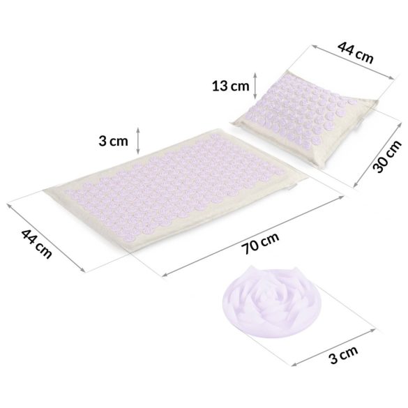 Akupresszúrás szőnyeg, Neo-Sport NS-902, szürke/lila, 70 × 44 x 3,0 cm, cm, párnával, hordtáskával, kókuszrost töltet, 181 + 76 db tüskekorong