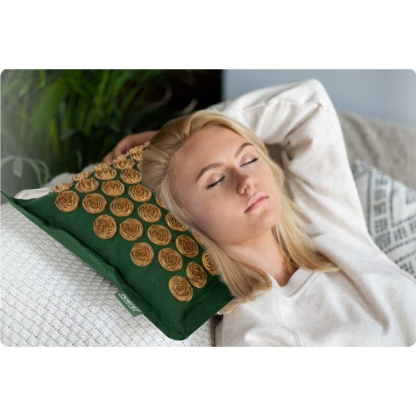 Akupresszúrás szőnyeg, Neo-Sport NS-902, zöld/arany, 70 × 44 x 3,0 cm, cm, párnával, hordtáskával, kókuszrost töltet, 181 + 76 db tüskekorong