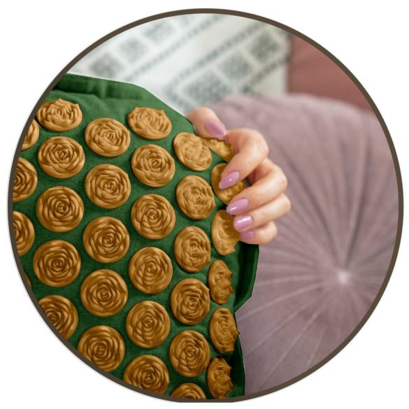 Akupresszúrás szőnyeg, Neo-Sport NS-902, zöld/arany, 70 × 44 x 3,0 cm, cm, párnával, hordtáskával, kókuszrost töltet, 181 + 76 db tüskekorong