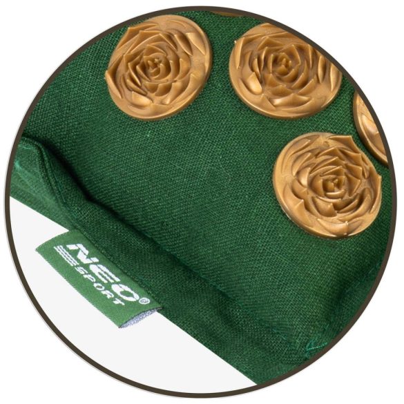 Akupresszúrás szőnyeg, Neo-Sport NS-902, zöld/arany, 70 × 44 x 3,0 cm, cm, párnával, hordtáskával, kókuszrost töltet, 181 + 76 db tüskekorong