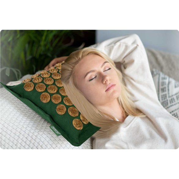 Akupresszúrás szőnyeg, Neo-Sport NS-902, zöld/arany, 70 × 44 x 3,0 cm, cm, párnával, hordtáskával, kókuszrost töltet, 181 + 76 db tüskekorong