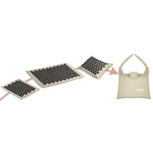 Akupresszúrás szőnyeg, Neo-Sport NS-902, szürke-fekete, 3 részes készlet, 70 × 44 × 3,0 cm + 30,5 × 44 × 3 cm, párnával, hordtáskával, levehető huzat, 316 db korong