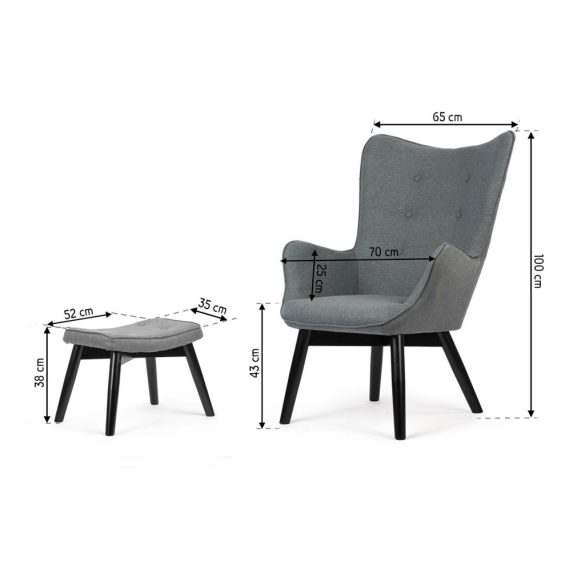 Lábtartós fotel, Sofotel Norse, szürke/fekete, lábtartóval, füles kialakítás, kárpitozott, bükkfa, filccel alábélelt lábak, levehető huzatú párna, skandináv stílus