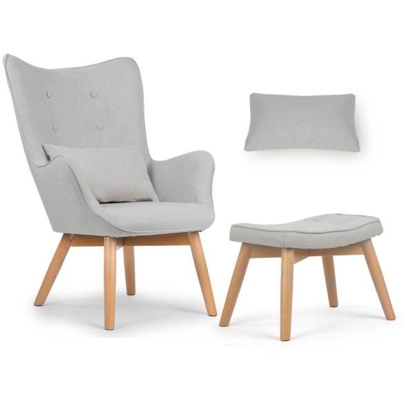 Lábtartós fotel, Sofotel Norse, világosszürke, lábtartóval, füles kialakítás, kárpitozott, bükkfa, filccel alábélelt lábak, levehető huzatú párna, skandináv stílus