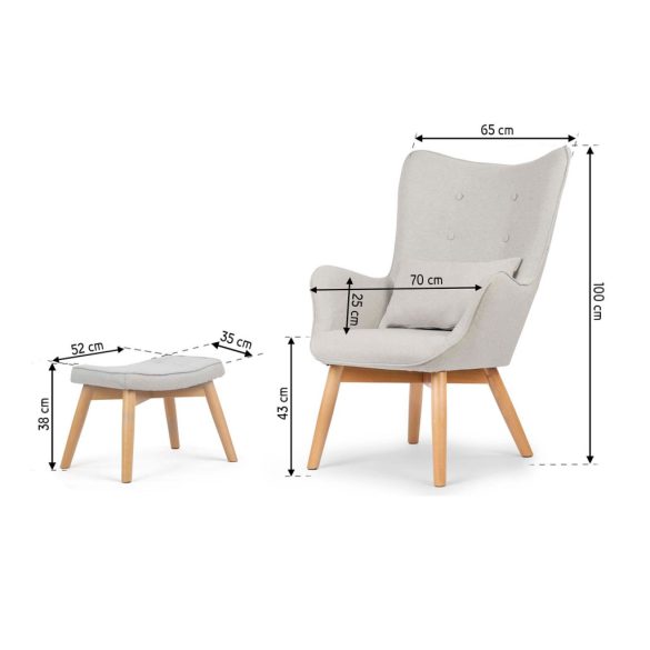 Lábtartós fotel, Sofotel Norse, világosszürke, lábtartóval, füles kialakítás, kárpitozott, bükkfa, filccel alábélelt lábak, levehető huzatú párna, skandináv stílus