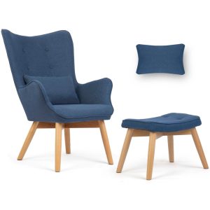 Lábtartós fotel, Sofotel Norse, kék, lábtartóval, füles kialakítás, kárpitozott, bükkfa, filccel alábélelt lábak, levehető huzatú párna, skandináv stílus