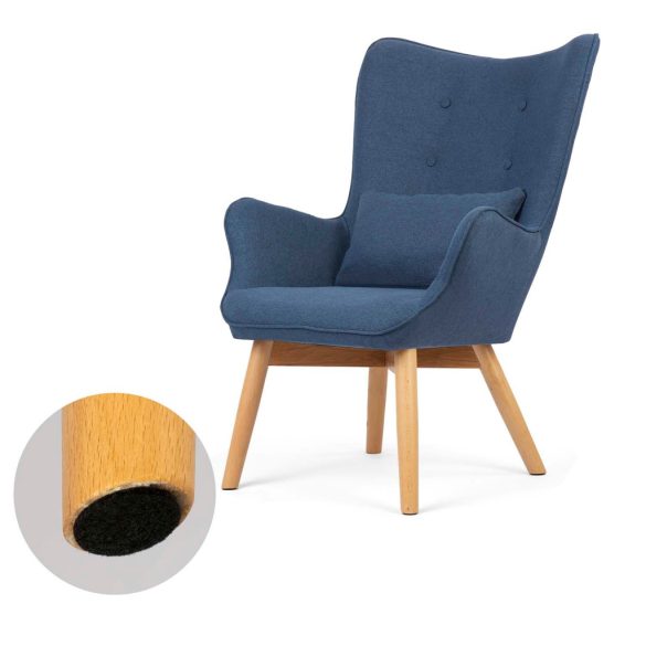 Lábtartós fotel, Sofotel Norse, kék, lábtartóval, füles kialakítás, kárpitozott, bükkfa, filccel alábélelt lábak, levehető huzatú párna, skandináv stílus