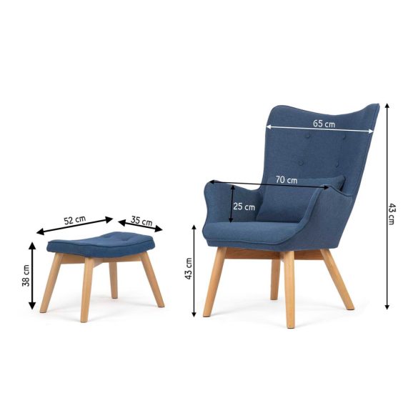 Lábtartós fotel, Sofotel Norse, kék, lábtartóval, füles kialakítás, kárpitozott, bükkfa, filccel alábélelt lábak, levehető huzatú párna, skandináv stílus
