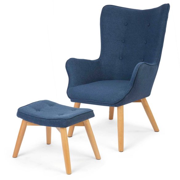 Lábtartós fotel, Sofotel Norse, kék, lábtartóval, füles kialakítás, kárpitozott, bükkfa, filccel alábélelt lábak, levehető huzatú párna, skandináv stílus