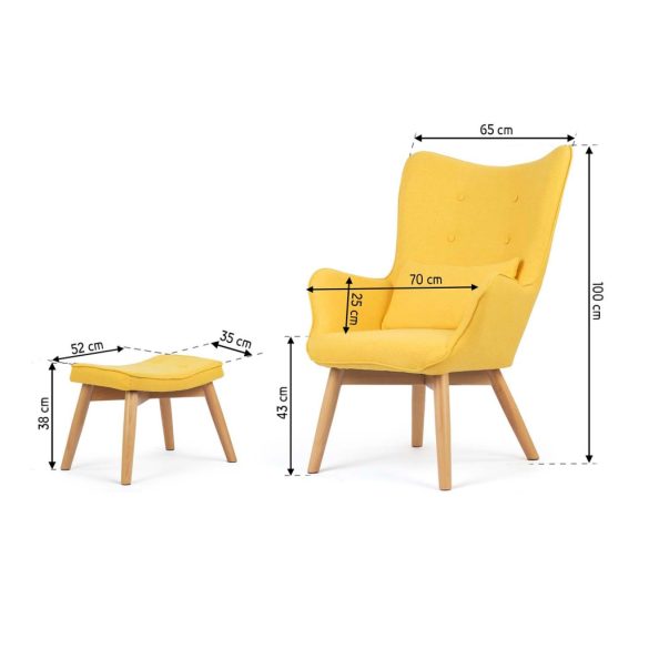 Lábtartós fotel, Sofotel Norse, sárga, lábtartóval, füles kialakítás, kárpitozott, bükkfa, filccel alábélelt lábak, levehető huzatú párna, skandináv stílus