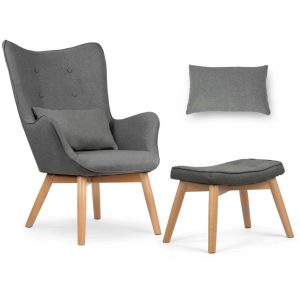 Lábtartós fotel, Sofotel Norse, szürke, lábtartóval, füles kialakítás, kárpitozott, bükkfa, filccel alábélelt lábak, levehető huzatú párna, skandináv stílus