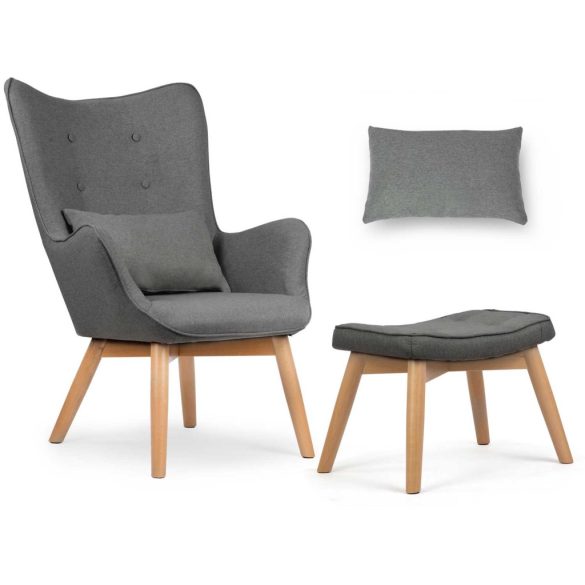 Lábtartós fotel, Sofotel Norse, szürke, lábtartóval, füles kialakítás, kárpitozott, bükkfa, filccel alábélelt lábak, levehető huzatú párna, skandináv stílus