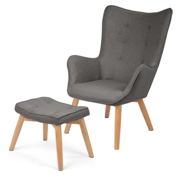 Lábtartós fotel, Sofotel Norse, szürke, lábtartóval, füles kialakítás, kárpitozott, bükkfa, filccel alábélelt lábak, levehető huzatú párna, skandináv stílus