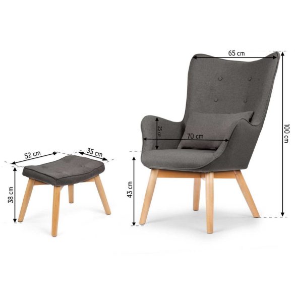 Lábtartós fotel, Sofotel Norse, szürke, lábtartóval, füles kialakítás, kárpitozott, bükkfa, filccel alábélelt lábak, levehető huzatú párna, skandináv stílus