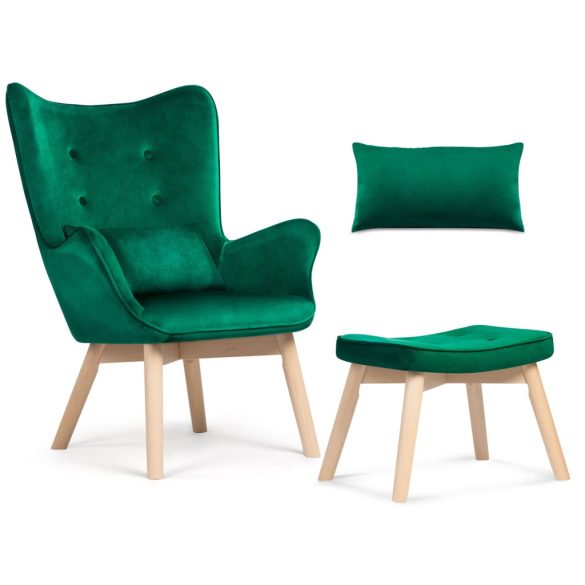 Lábtartós fotel, Sofotel Norse, zöld, lábtartóval, füles kialakítás, kárpitozott, bükkfa, filccel alábélelt lábak, levehető huzatú párna, skandináv stílus