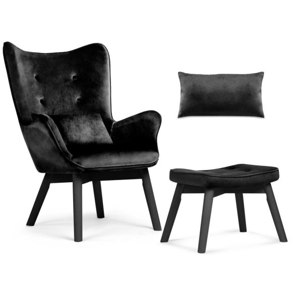 Lábtartós fotel, Sofotel Norse, fekete, lábtartóval, füles kialakítás, kárpitozott, bükkfa, filccel alábélelt lábak, levehető huzatú párna, skandináv stílus