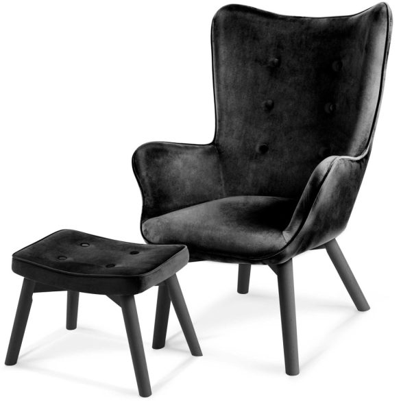 Lábtartós fotel, Sofotel Norse, fekete, lábtartóval, füles kialakítás, kárpitozott, bükkfa, filccel alábélelt lábak, levehető huzatú párna, skandináv stílus