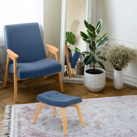 Lábtartó, Sofotel Norse, kék, skandináv stílusú, kárpitozott velúr (poliészter) huzat, filc talpakkal, padlóbarát, stabil