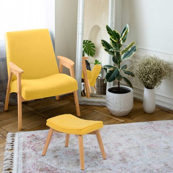 Lábtartó, Sofotel Norse, sárga, skandináv stílusú, kárpitozott velúr (poliészter) huzat, filc talpakkal, padlóbarát, stabil