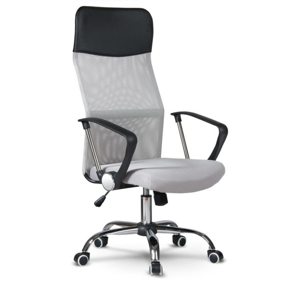 Irodai szék, Sofotel Sydney, világosszürke, fejtámlás, szellőző mikrohálós háttámla, Tilt hintamechanika, állítható magasság, krómozott talp