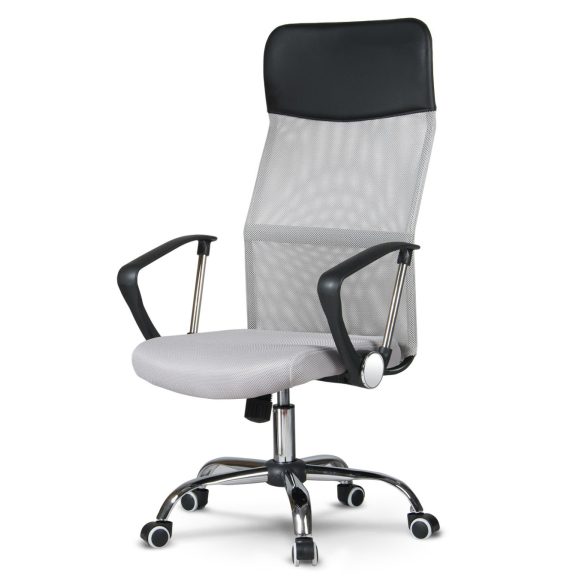Irodai szék, Sofotel Sydney, világosszürke, fejtámlás, szellőző mikrohálós háttámla, Tilt hintamechanika, állítható magasság, krómozott talp
