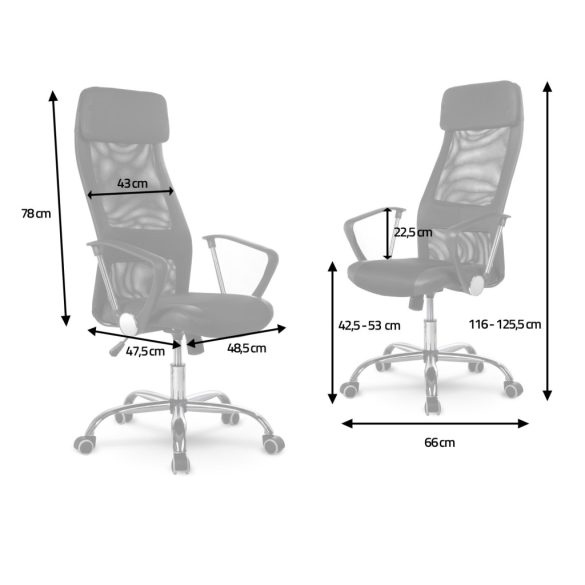 Irodai szék, Sofotel Rio, fekete, 116-125,5 cm, 42,5-53 cm ülésmagasság, mikrohálós háttámla, állítható, hintamechanika, gázliftes magasságállítás, gumírozott kerekek