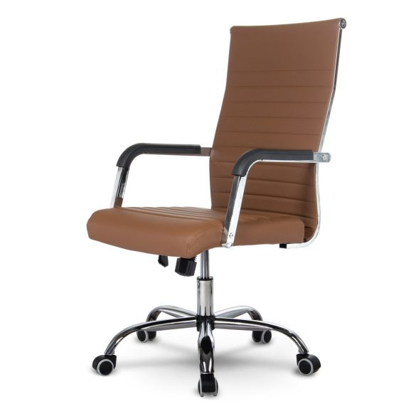 Irodai szék, Sofotel Boston, barna, műbőr kárpit, krómozott karfák és csillagtalp, Tilt hintamechanika, gumírozott kerekek, ergonomikus háttámla