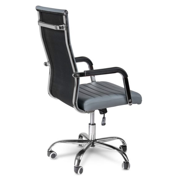 Irodai szék, Sofotel Boston, szürke, műbőr kárpit, krómozott karfák és csillagtalp, Tilt hintamechanika, gumírozott kerekek, ergonomikus háttámla