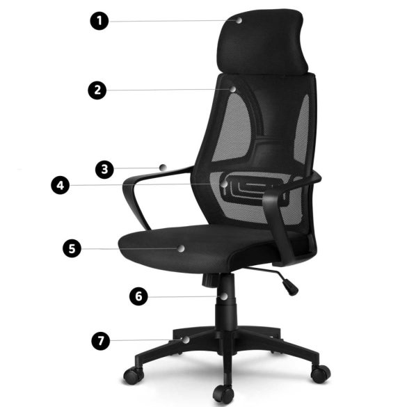 Irodai szék, Sofotel Praga, fekete, 118-128 cm, mikrohálós háttámla, állítható, hintamechanika, gázliftes magasságállítás, gumírozott kerekek